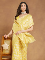 Janasya Women's Yellow Silk Blend Geometric Woven Design Jacquard Saree with Blouse Piece