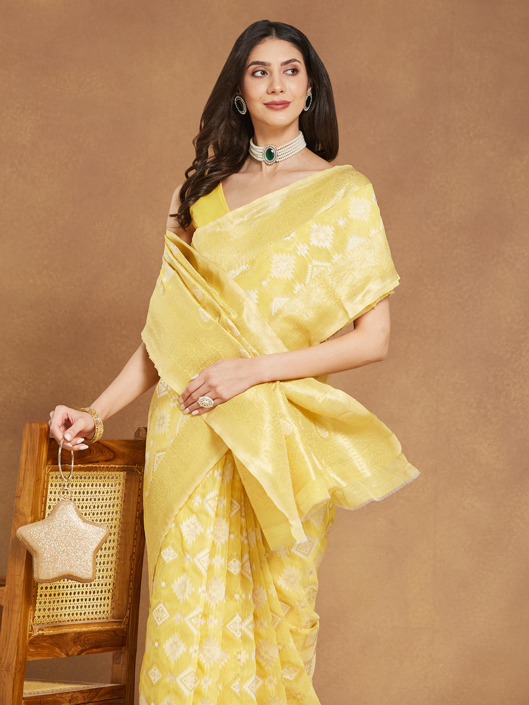 Janasya Women's Yellow Silk Blend Geometric Woven Design Jacquard Saree with Blouse Piece