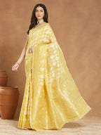 Janasya Women's Yellow Silk Blend Geometric Woven Design Jacquard Saree with Blouse Piece