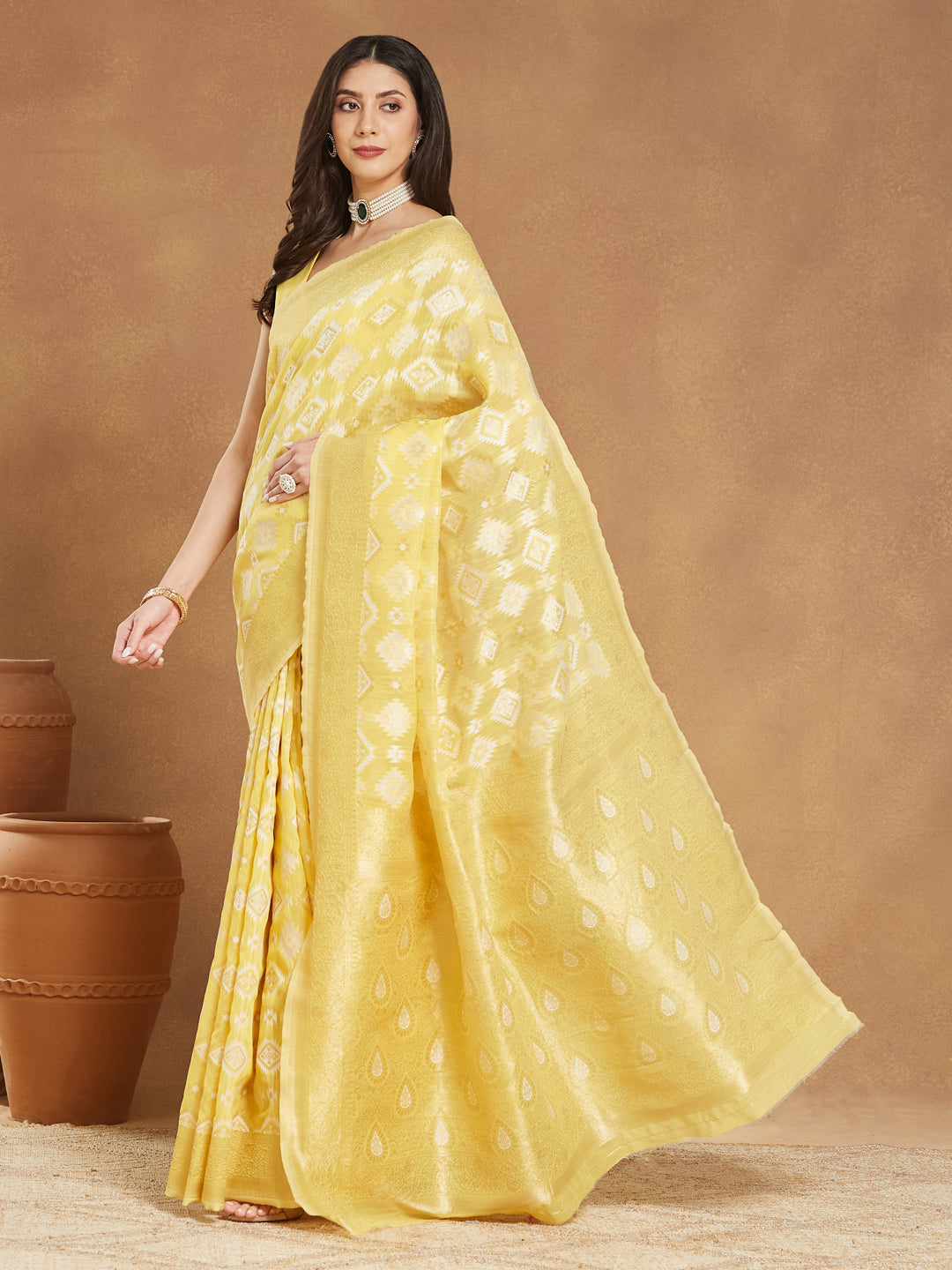 Janasya Women's Yellow Silk Blend Geometric Woven Design Jacquard Saree with Blouse Piece