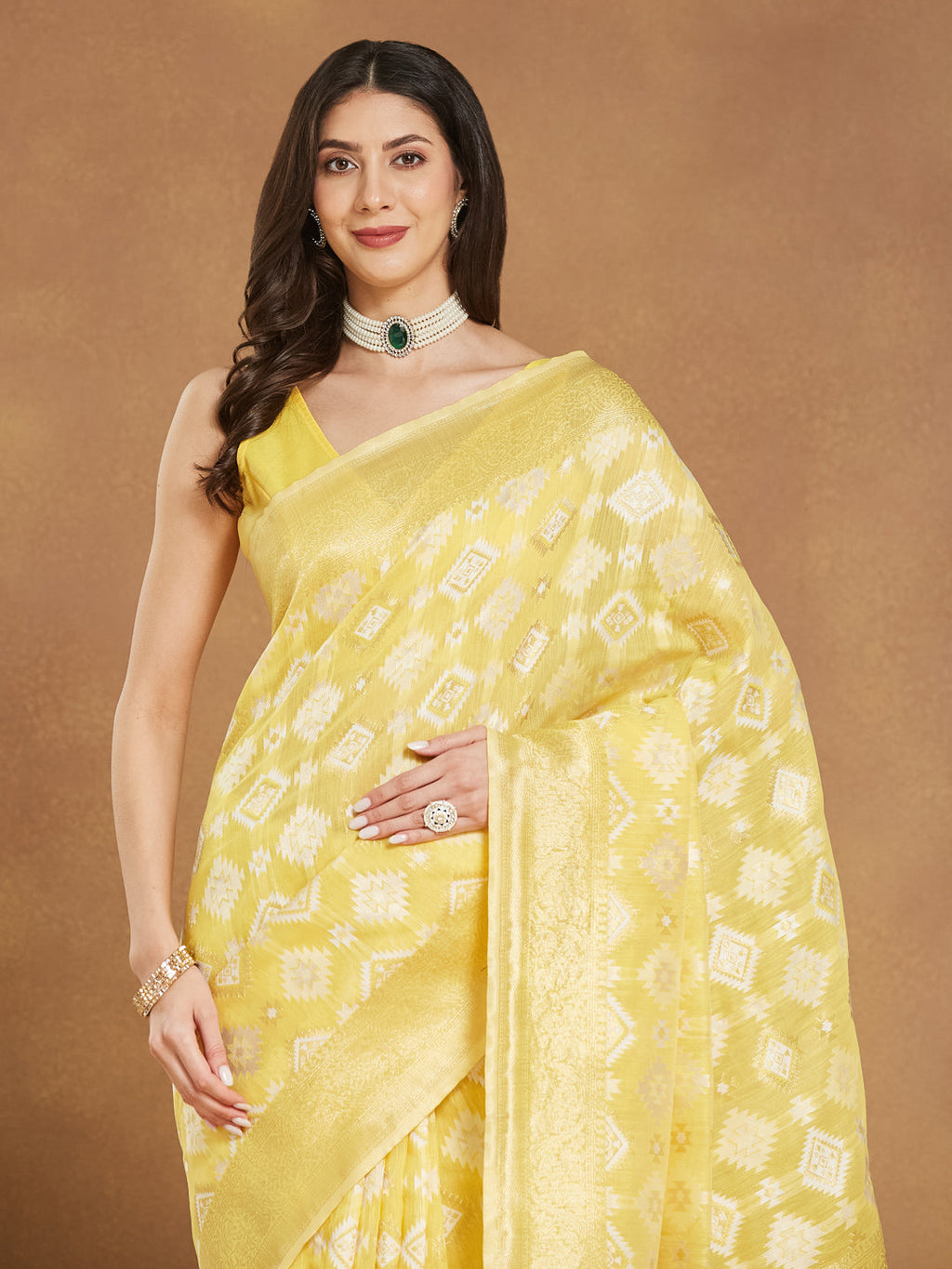 Janasya Women's Yellow Silk Blend Geometric Woven Design Jacquard Saree with Blouse Piece
