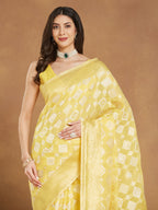 Janasya Women's Yellow Silk Blend Geometric Woven Design Jacquard Saree with Blouse Piece