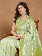 Janasya Women's Light Green Silk Blend Geometric Woven Design Jacquard Saree with Blouse Piece