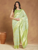 Janasya Women's Light Green Silk Blend Geometric Woven Design Jacquard Saree with Blouse Piece