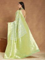 Janasya Women's Light Green Silk Blend Geometric Woven Design Jacquard Saree with Blouse Piece