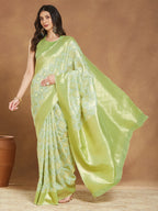 Janasya Women's Light Green Silk Blend Geometric Woven Design Jacquard Saree with Blouse Piece
