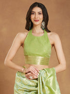 Janasya Women's Light Green Silk Blend Geometric Woven Design Jacquard Saree with Blouse Piece