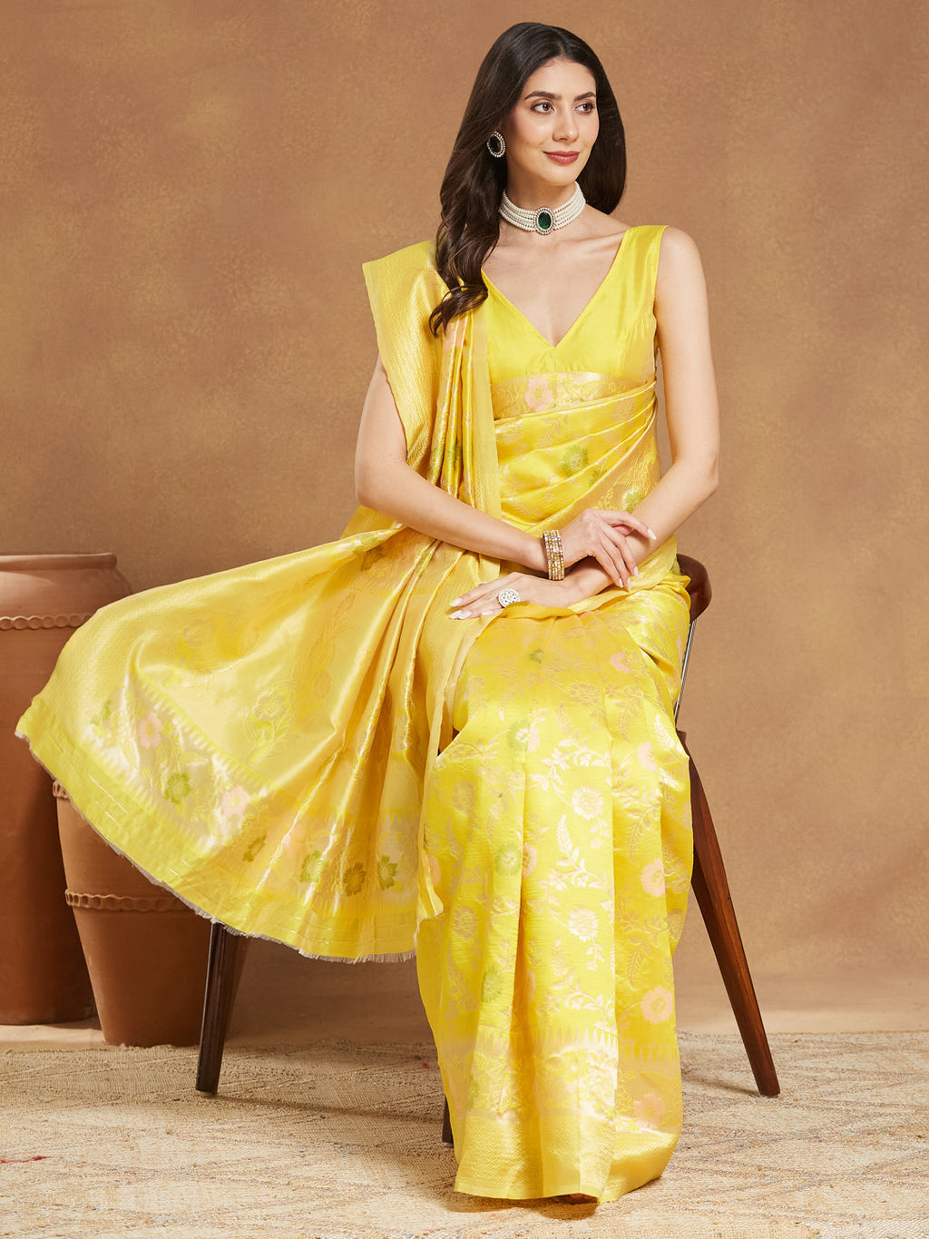 Janasya Women's Yellow Silk Blend Floral Woven Design Jacquard Saree with Blouse Piece