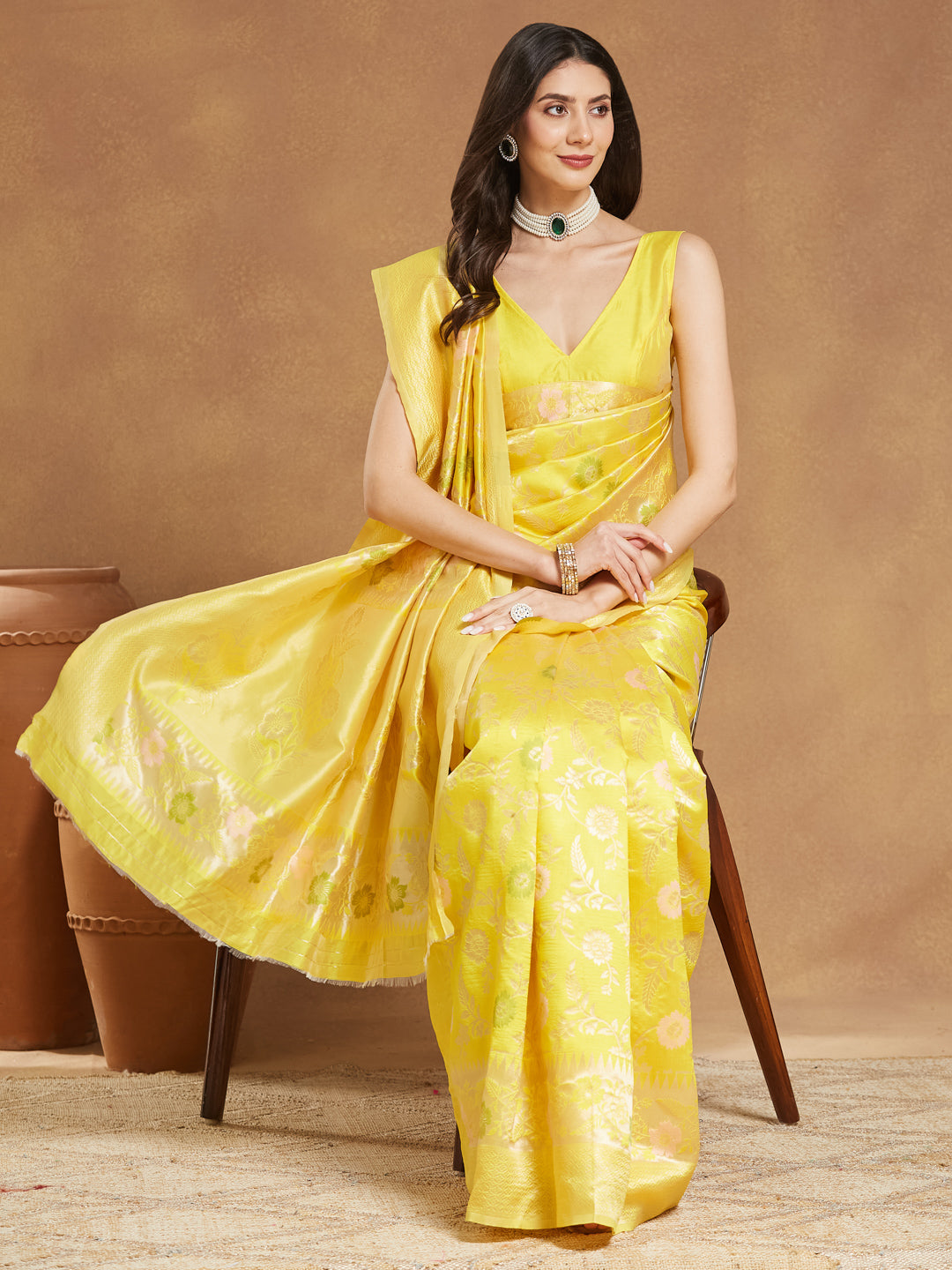 Janasya Women's Yellow Silk Blend Floral Woven Design Jacquard Saree with Blouse Piece