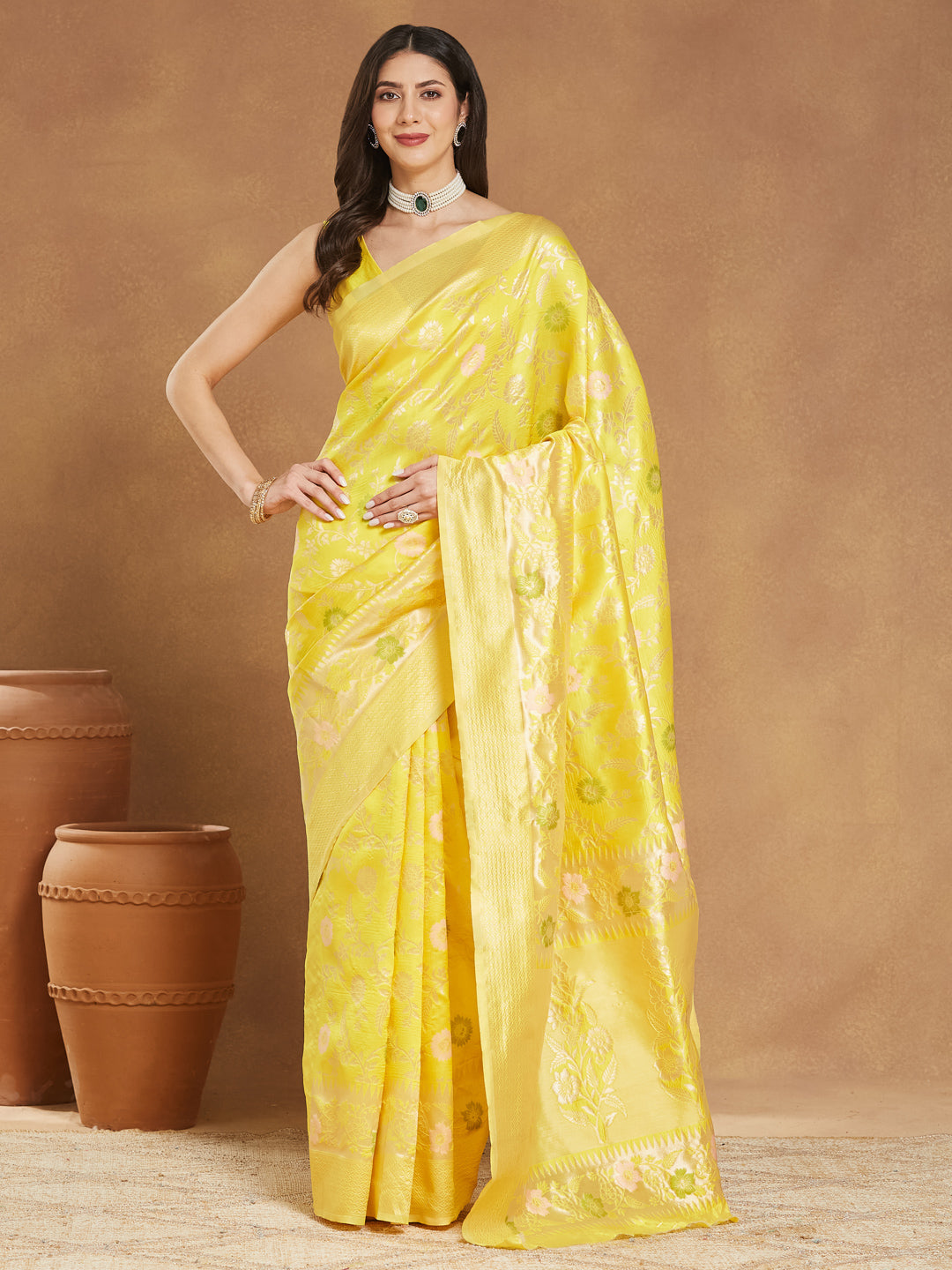 Janasya Women's Yellow Silk Blend Floral Woven Design Jacquard Saree with Blouse Piece