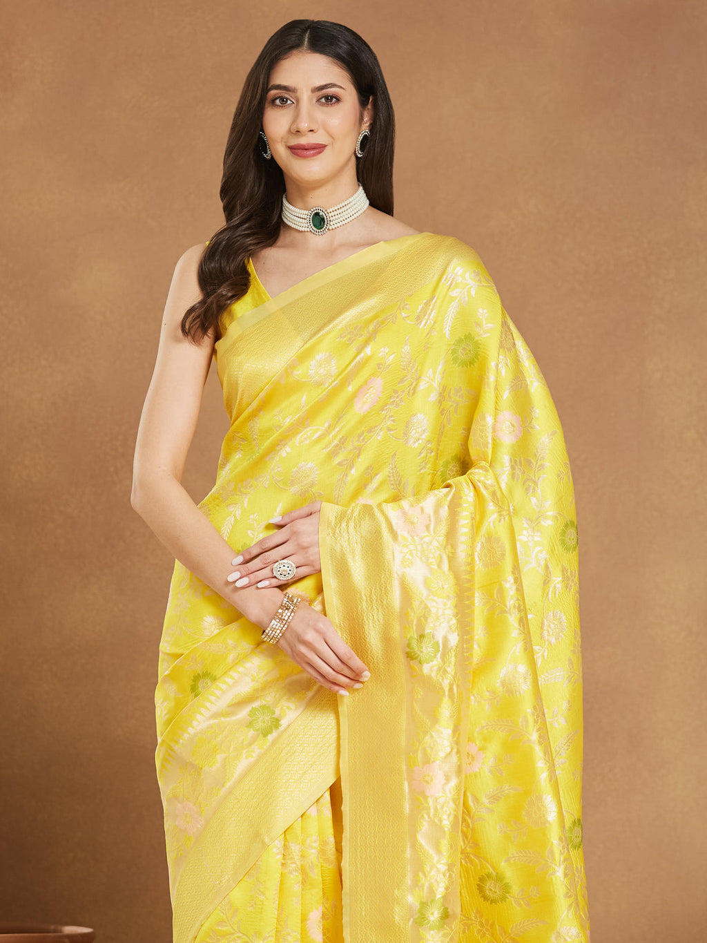 Janasya Women's Yellow Silk Blend Floral Woven Design Jacquard Saree with Blouse Piece