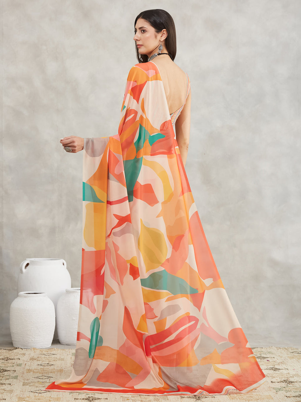 Janasya Women's Multicolor Georgette Abstract Printed Printed Saree with Blouse Piece