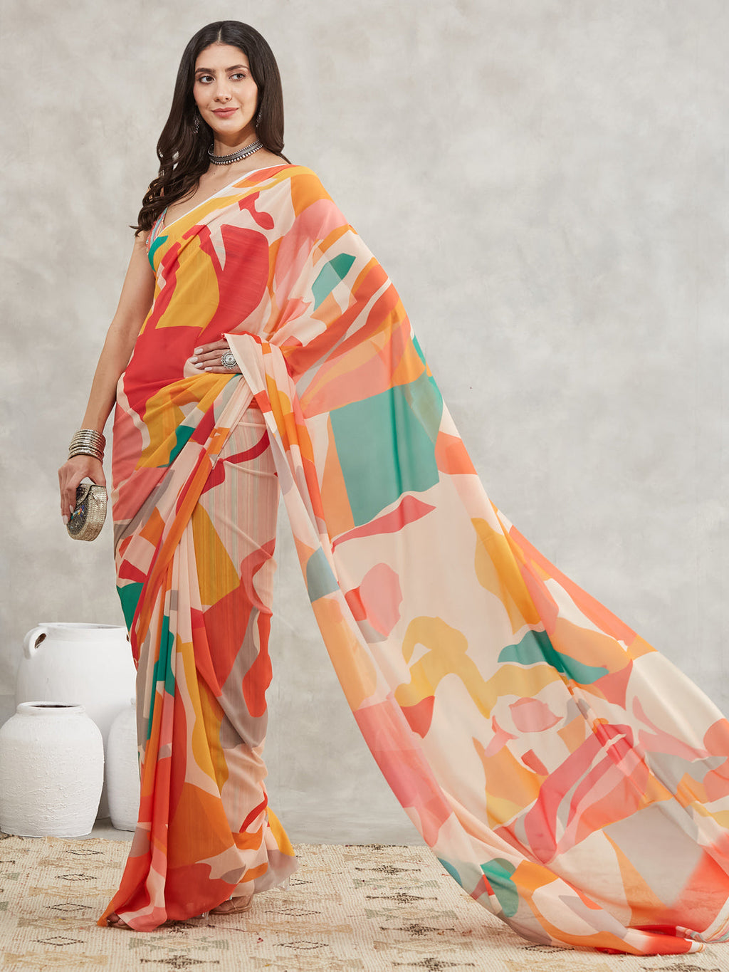 Janasya Women's Multicolor Georgette Abstract Printed Printed Saree with Blouse Piece