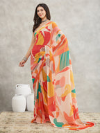 Janasya Women's Multicolor Georgette Abstract Printed Printed Saree with Blouse Piece