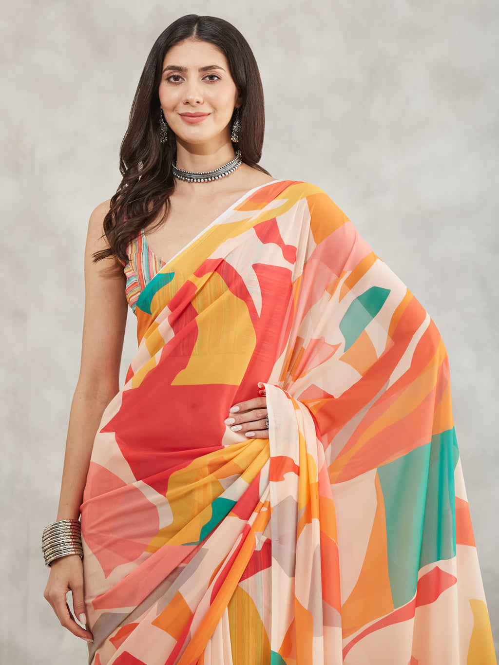 Janasya Women's Multicolor Georgette Abstract Printed Printed Saree with Blouse Piece