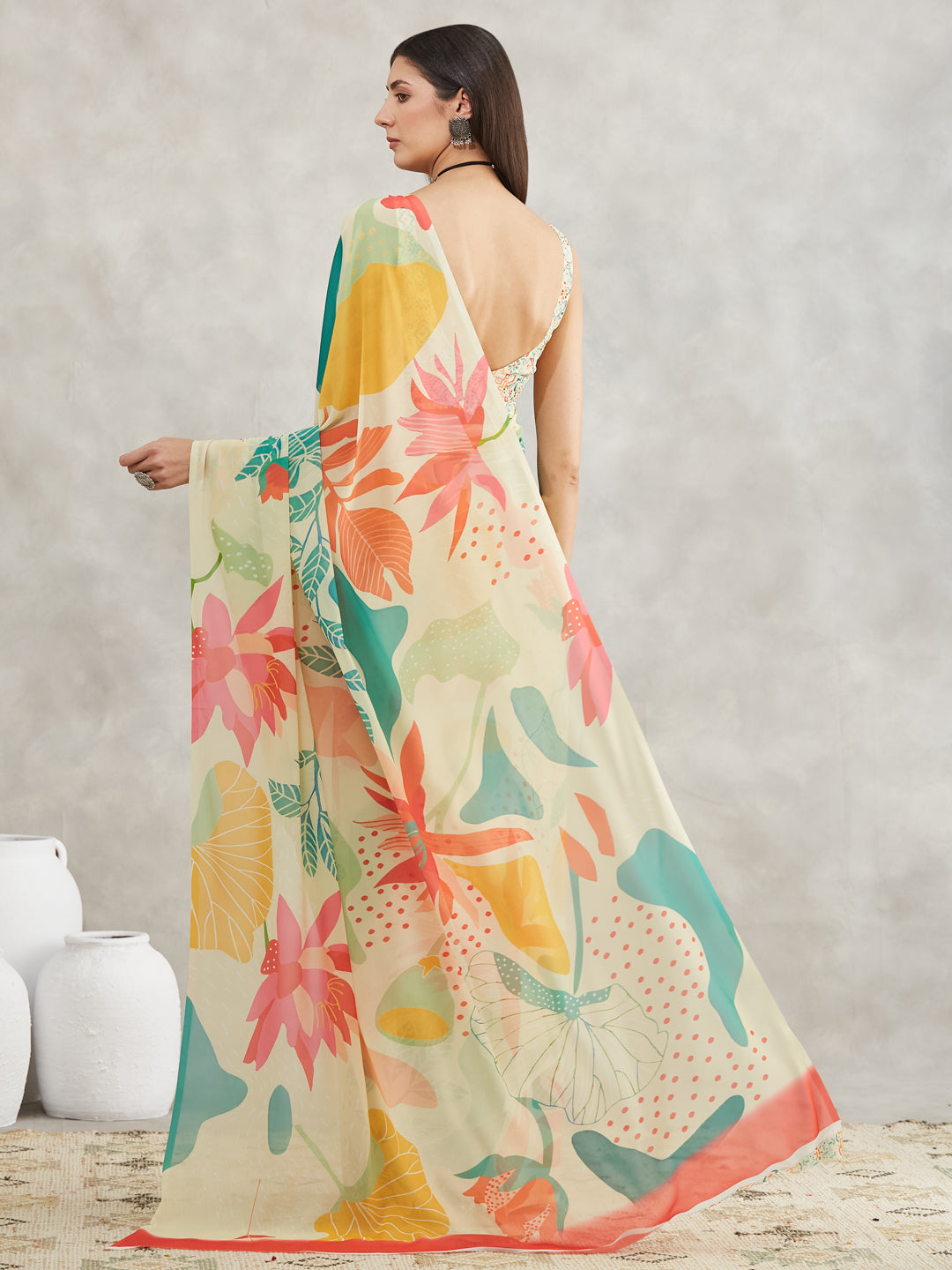 Janasya Women's Multicolor Georgette Tropical  Printed Printed Saree with Blouse Piece