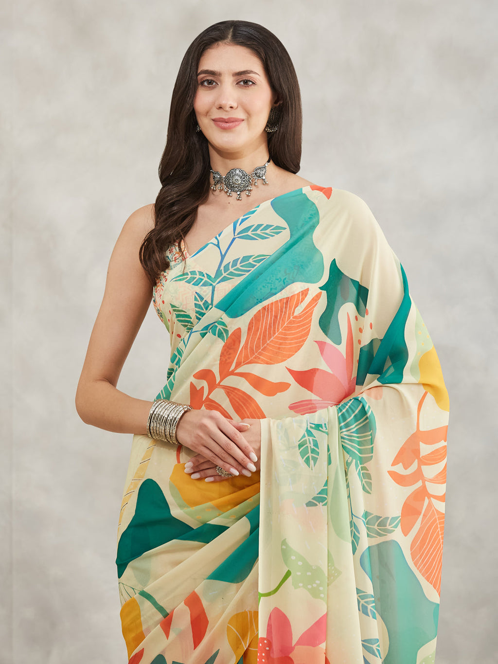 Janasya Women's Multicolor Georgette Tropical  Printed Printed Saree with Blouse Piece