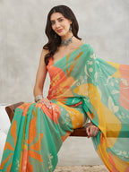 Janasya Women's Multicolor Georgette Floral Printed Printed Saree with Blouse Piece