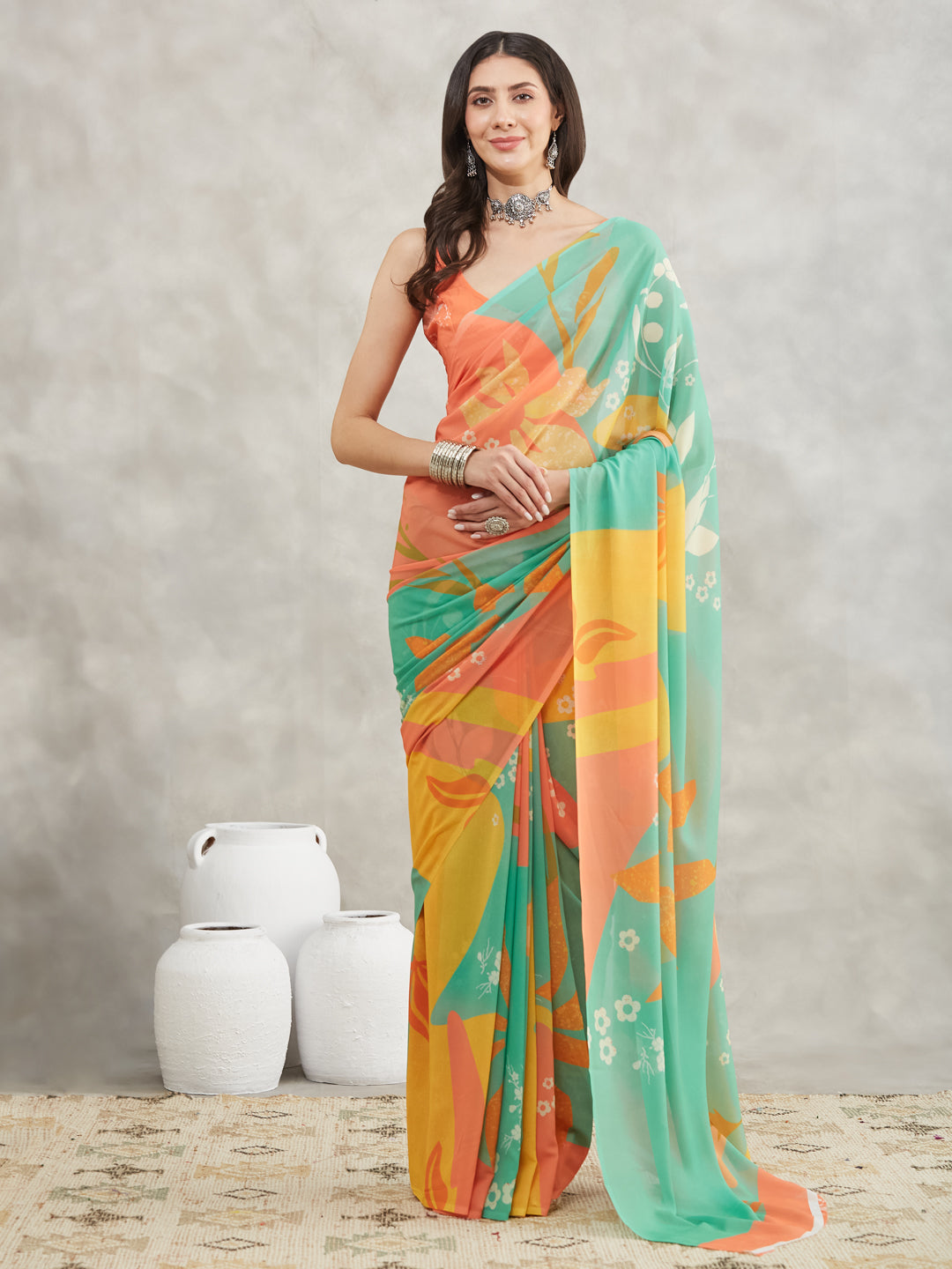 Janasya Women's Multicolor Georgette Floral Printed Printed Saree with Blouse Piece