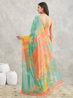 Janasya Women's Multicolor Georgette Floral Printed Printed Saree with Blouse Piece