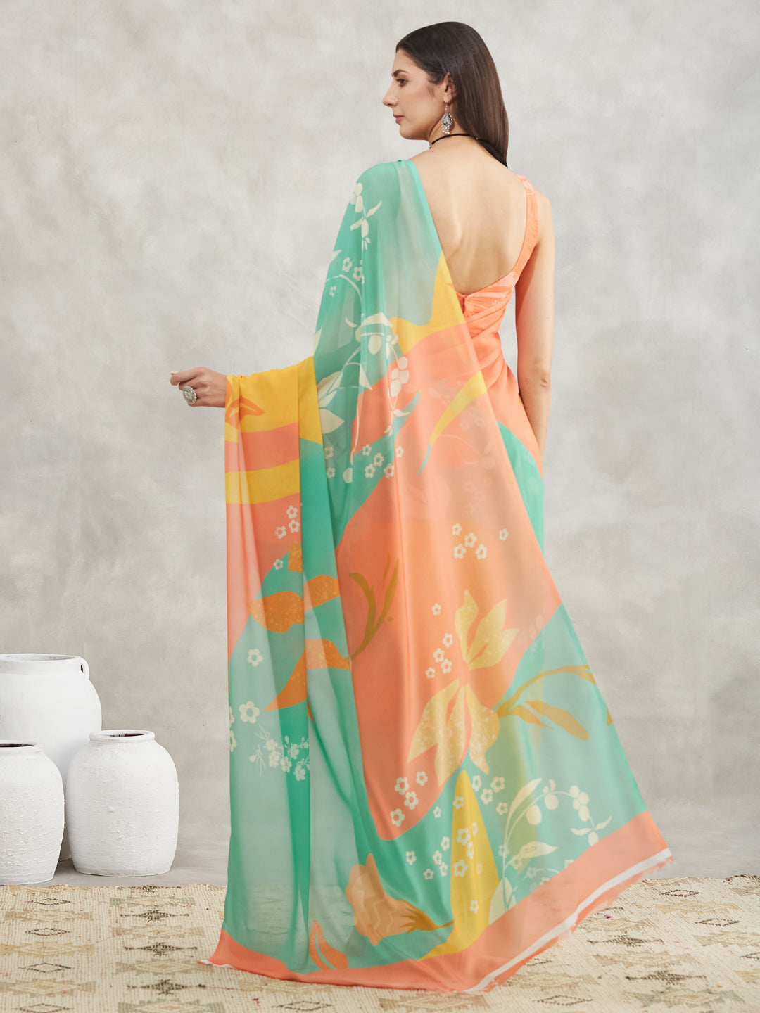 Janasya Women's Multicolor Georgette Floral Printed Printed Saree with Blouse Piece