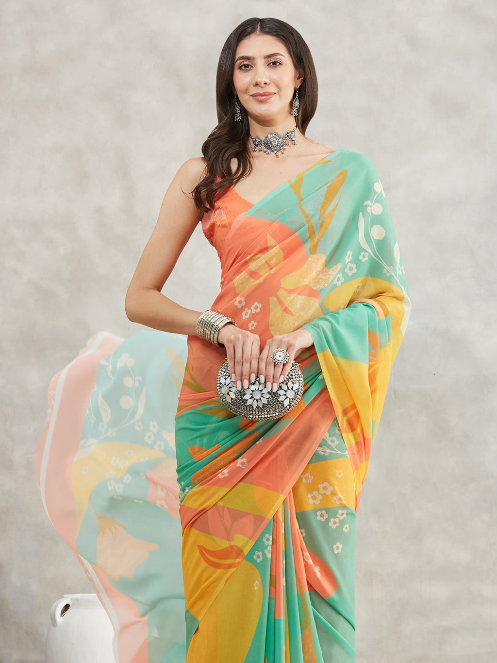 Janasya Women's Multicolor Georgette Floral Printed Printed Saree with Blouse Piece