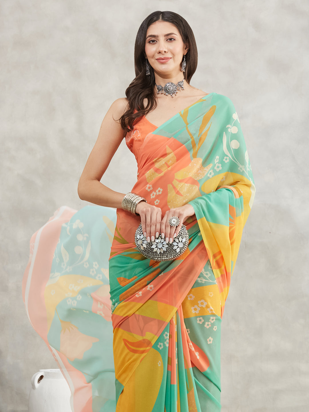 Janasya Women's Multicolor Georgette Floral Printed Printed Saree with Blouse Piece
