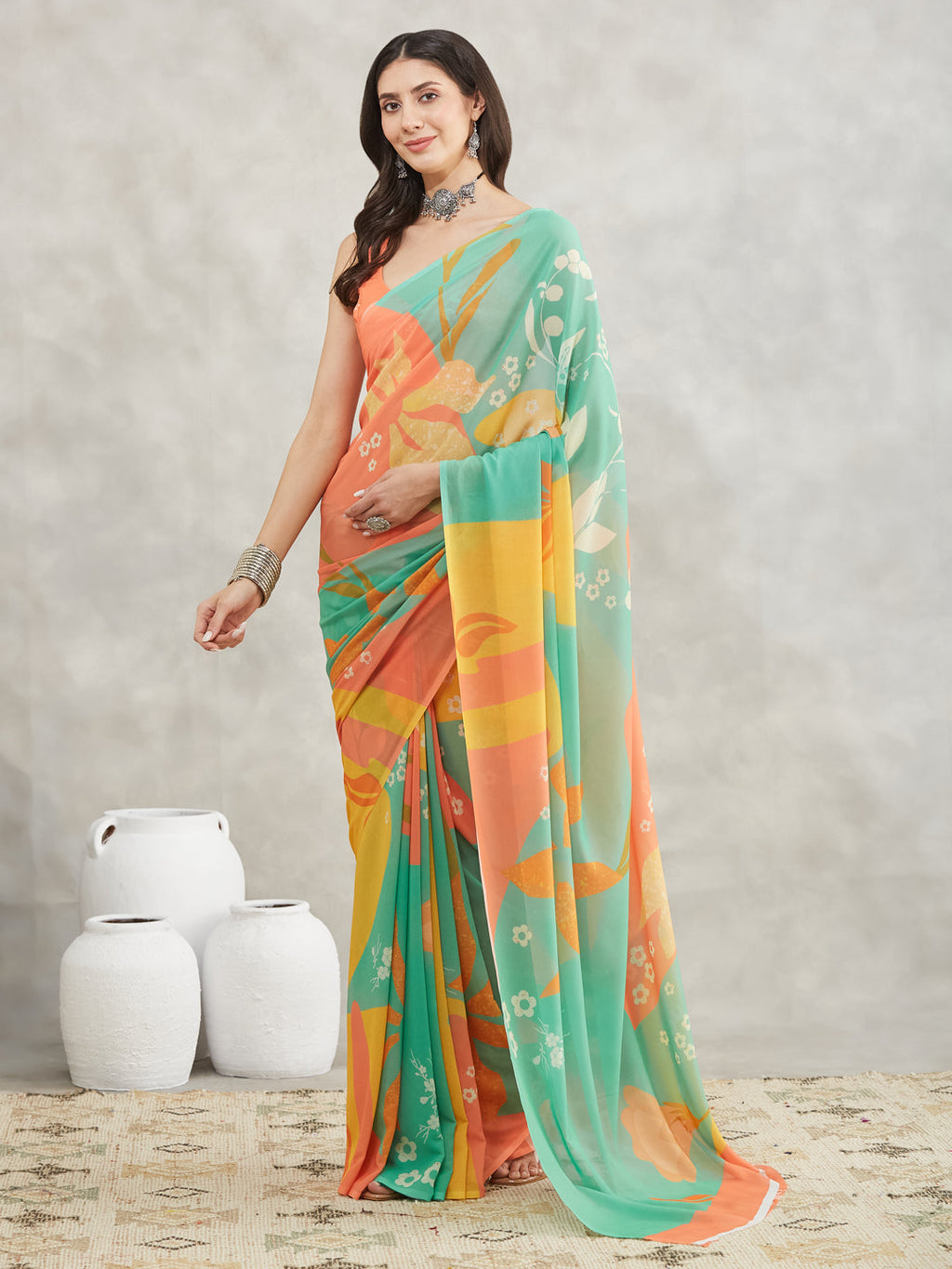 Janasya Women's Multicolor Georgette Floral Printed Printed Saree with Blouse Piece