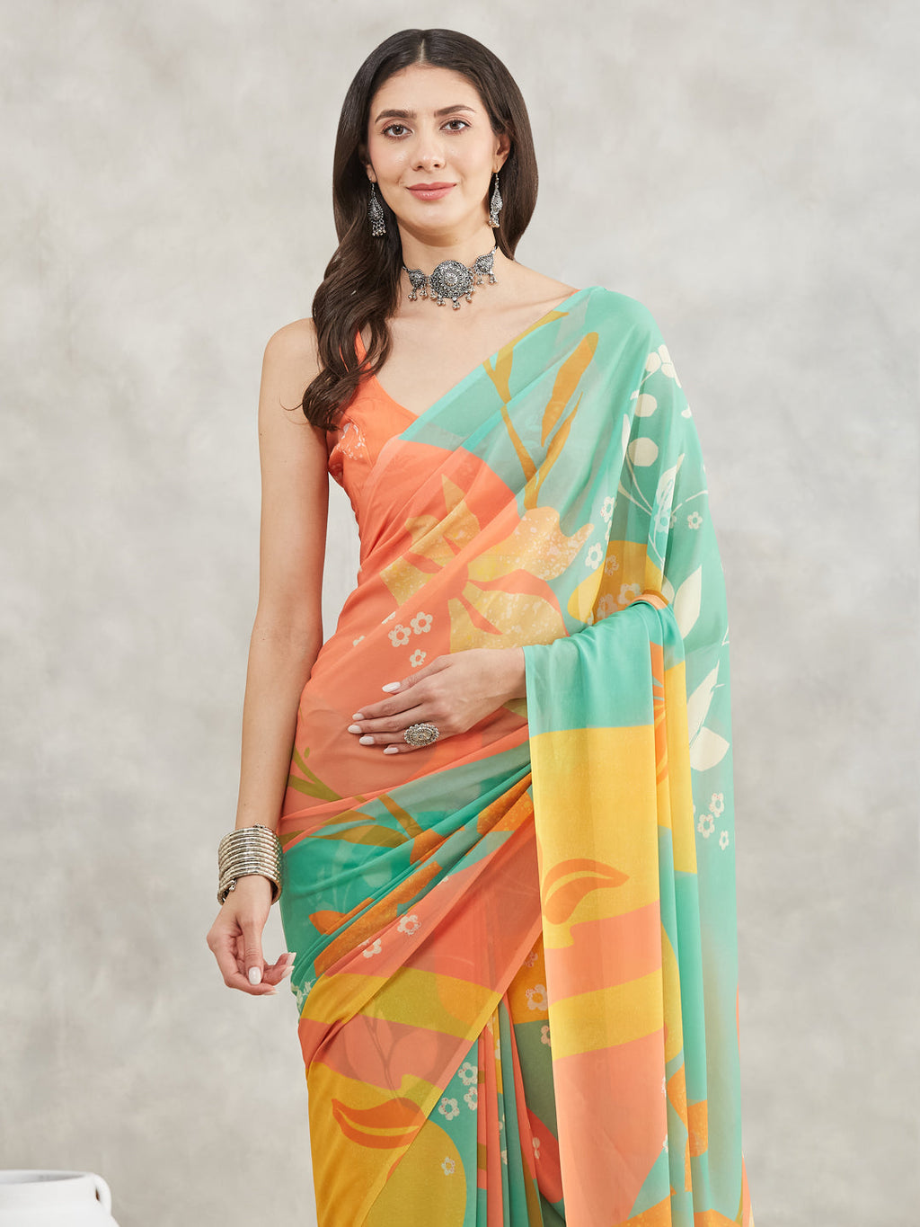 Janasya Women's Multicolor Georgette Floral Printed Printed Saree with Blouse Piece