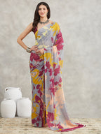 Janasya Women's Grey Georgette Abstract Printed Printed Saree with Blouse Piece