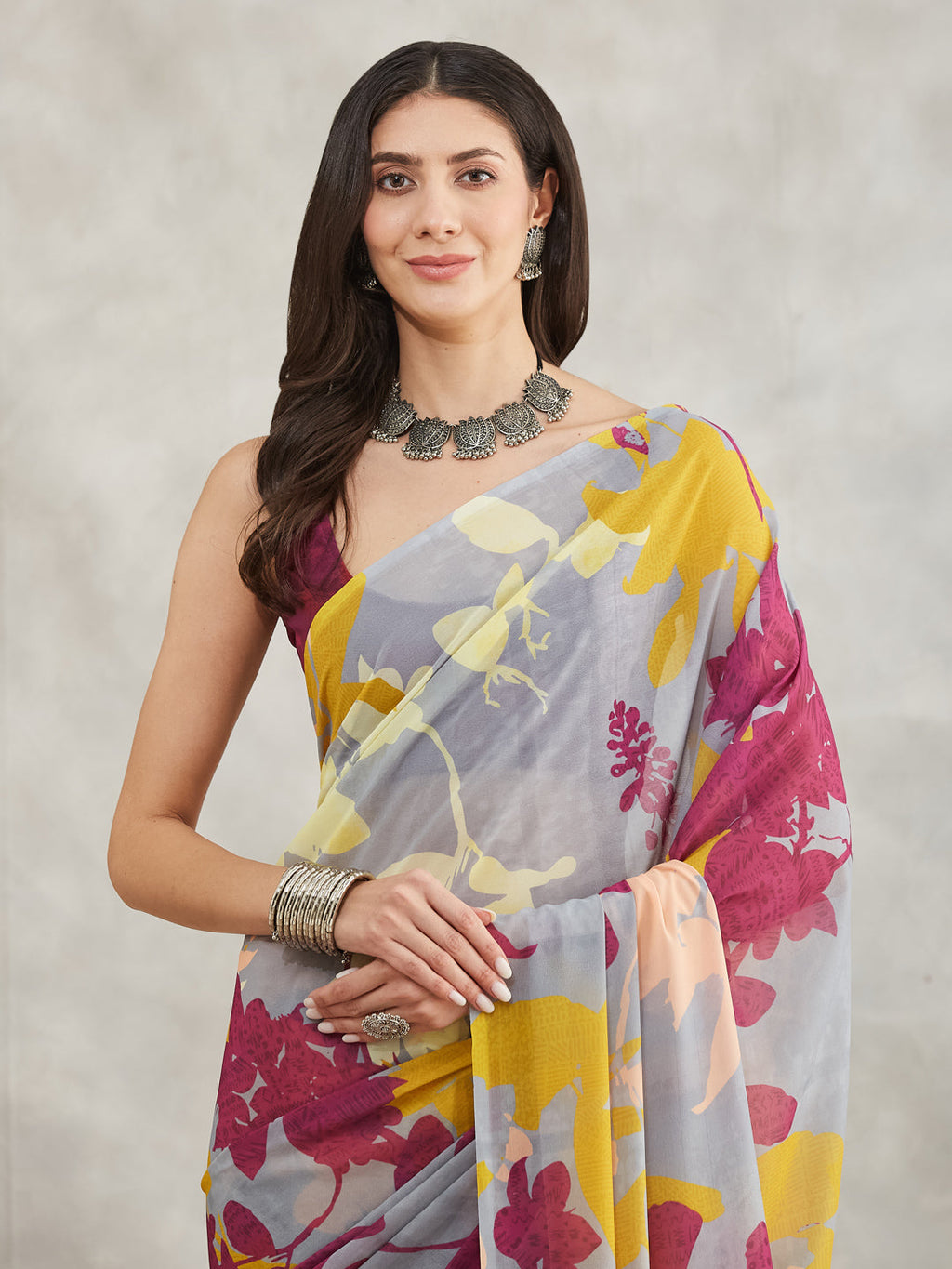 Janasya Women's Grey Georgette Abstract Printed Printed Saree with Blouse Piece