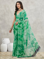 Janasya Women's Green Georgette Abstract Printed Printed Saree with Blouse Piece