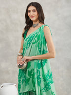 Janasya Women's Green Georgette Abstract Printed Printed Saree with Blouse Piece