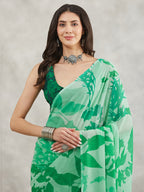 Janasya Women's Green Georgette Abstract Printed Printed Saree with Blouse Piece