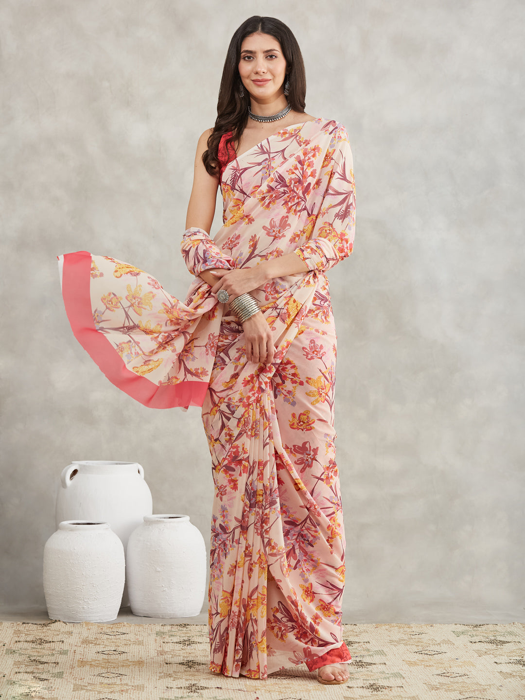 Janasya Women's Cream Georgette Floral Printed Printed Saree with Blouse Piece