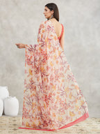 Janasya Women's Cream Georgette Floral Printed Printed Saree with Blouse Piece