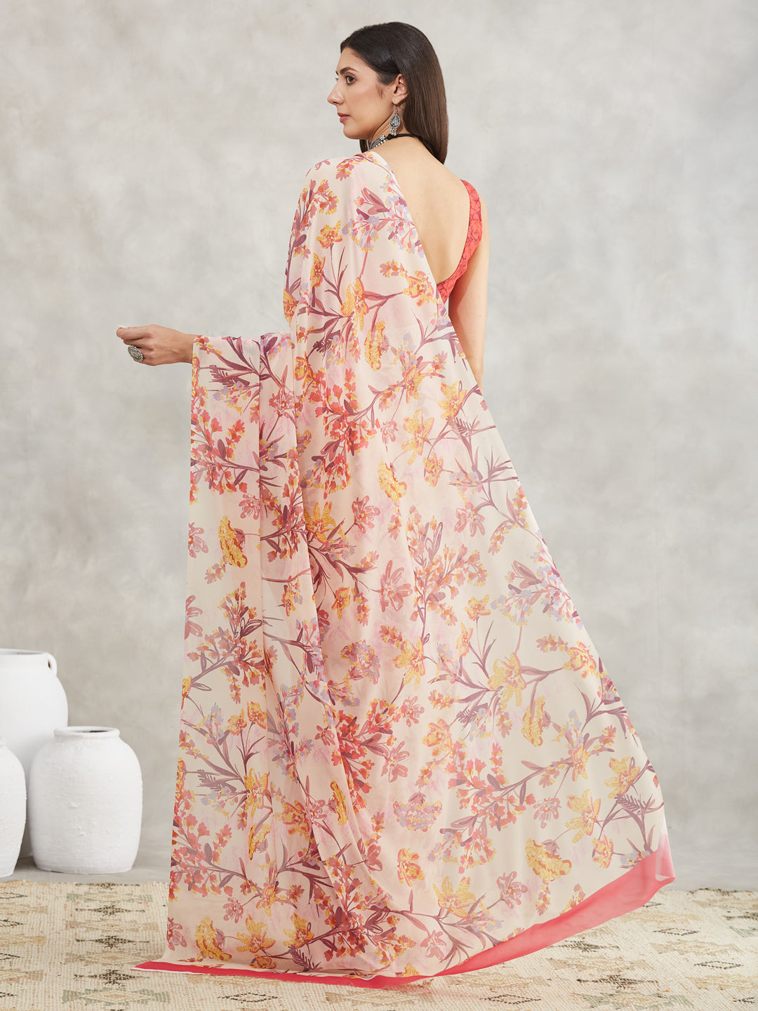 Janasya Women's Cream Georgette Floral Printed Printed Saree with Blouse Piece