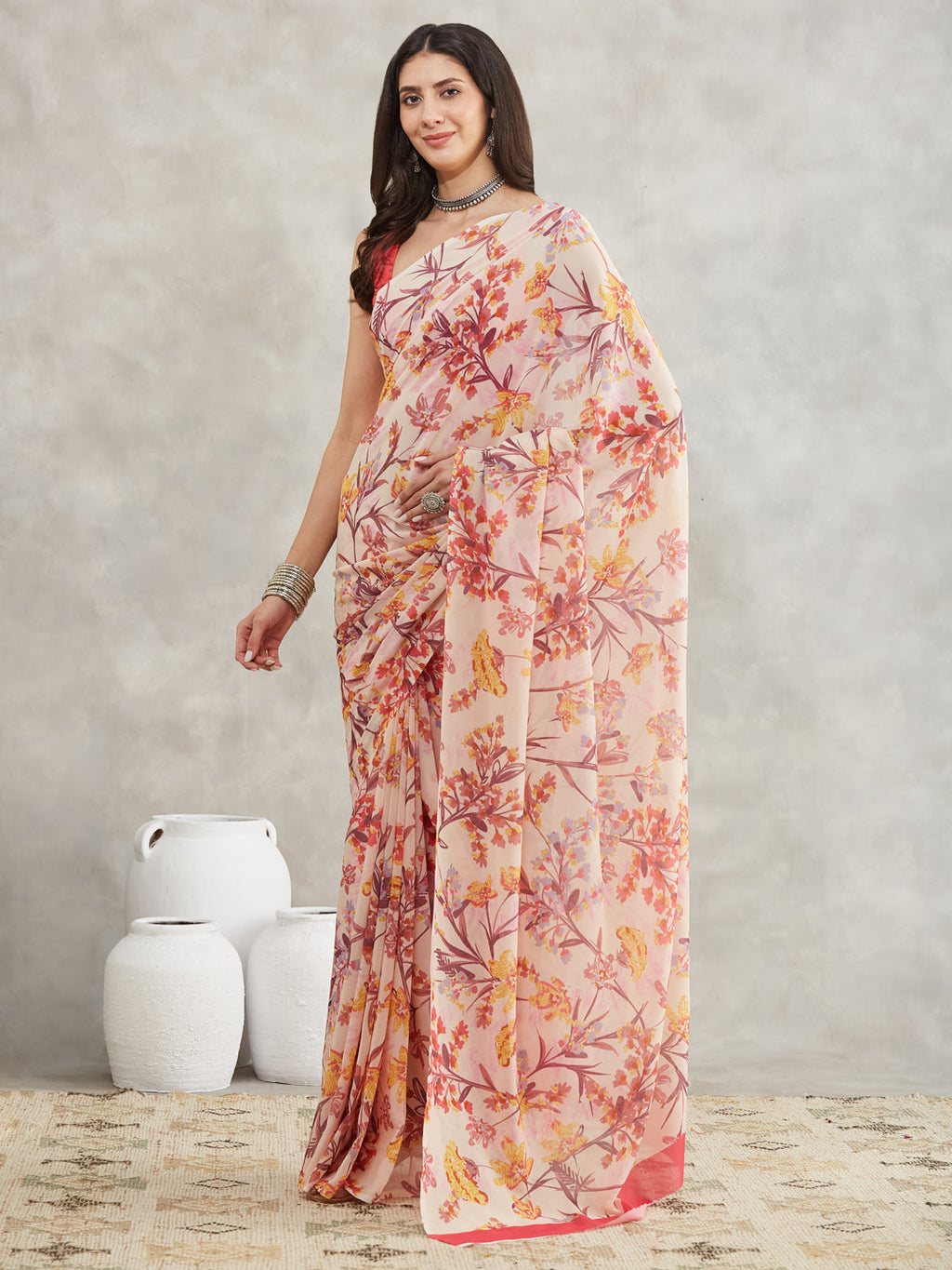 Janasya Women's Cream Georgette Floral Printed Printed Saree with Blouse Piece