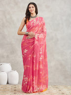 Janasya Women's Pink Georgette Geometric Printed Printed Saree with Blouse Piece