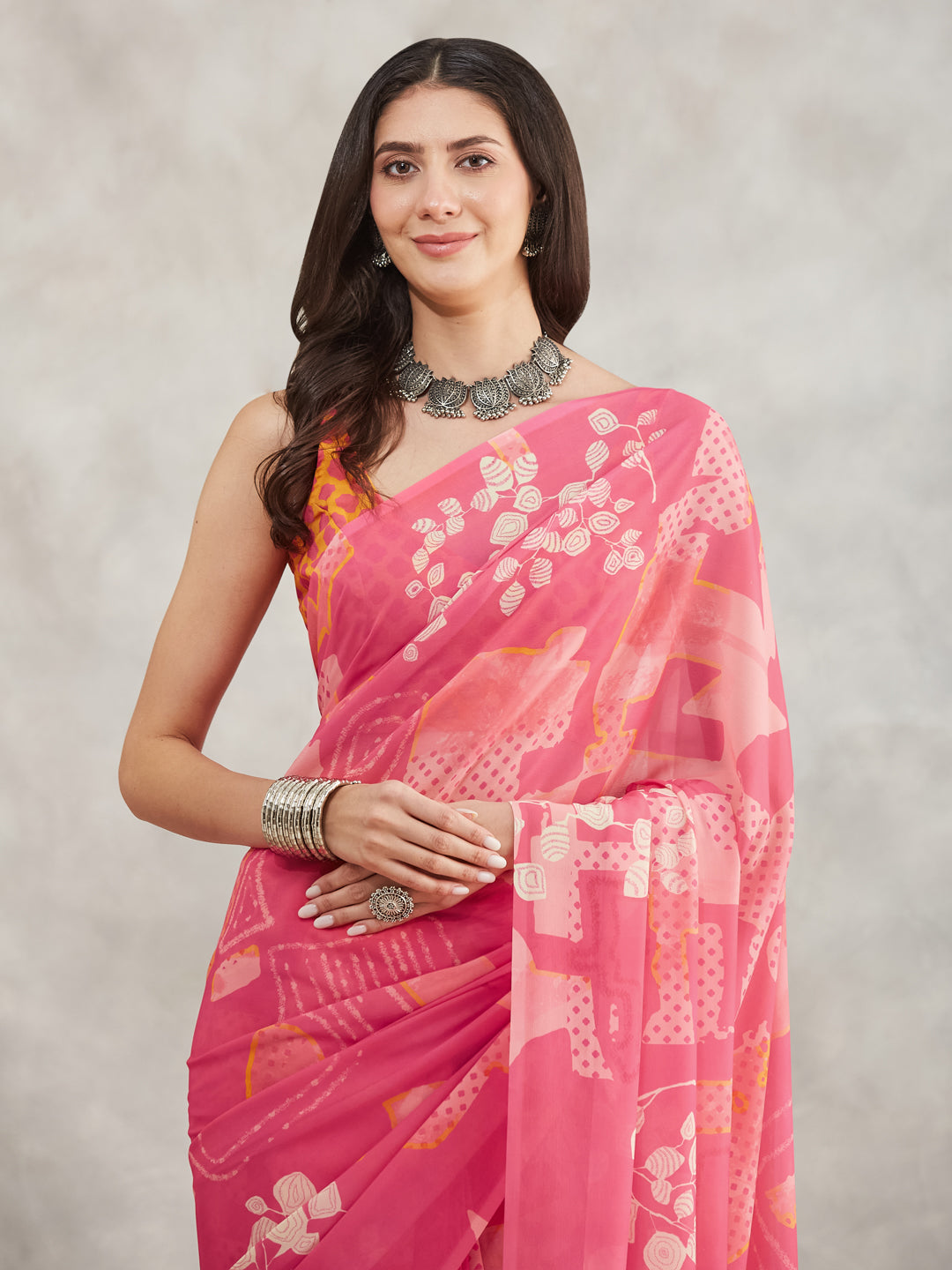 Janasya Women's Pink Georgette Geometric Printed Printed Saree with Blouse Piece