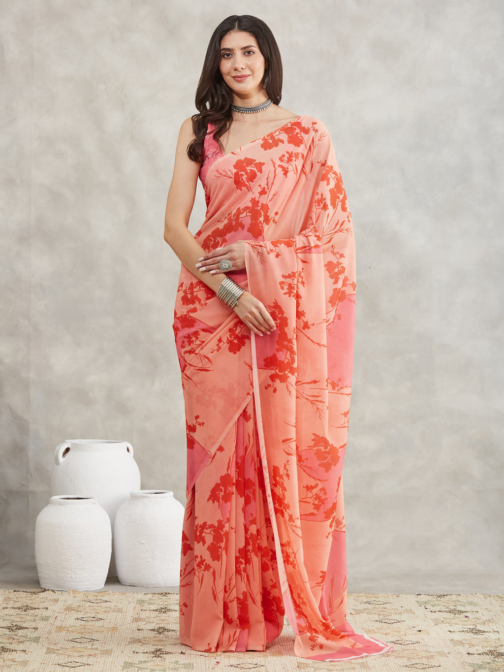 Janasya Women's Peach Georgette Floral Printed Printed Saree with Blouse Piece