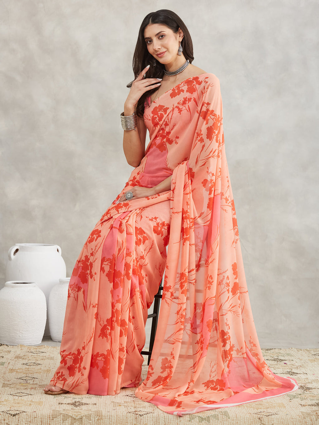 Janasya Women's Peach Georgette Floral Printed Printed Saree with Blouse Piece