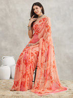 Janasya Women's Peach Georgette Floral Printed Printed Saree with Blouse Piece