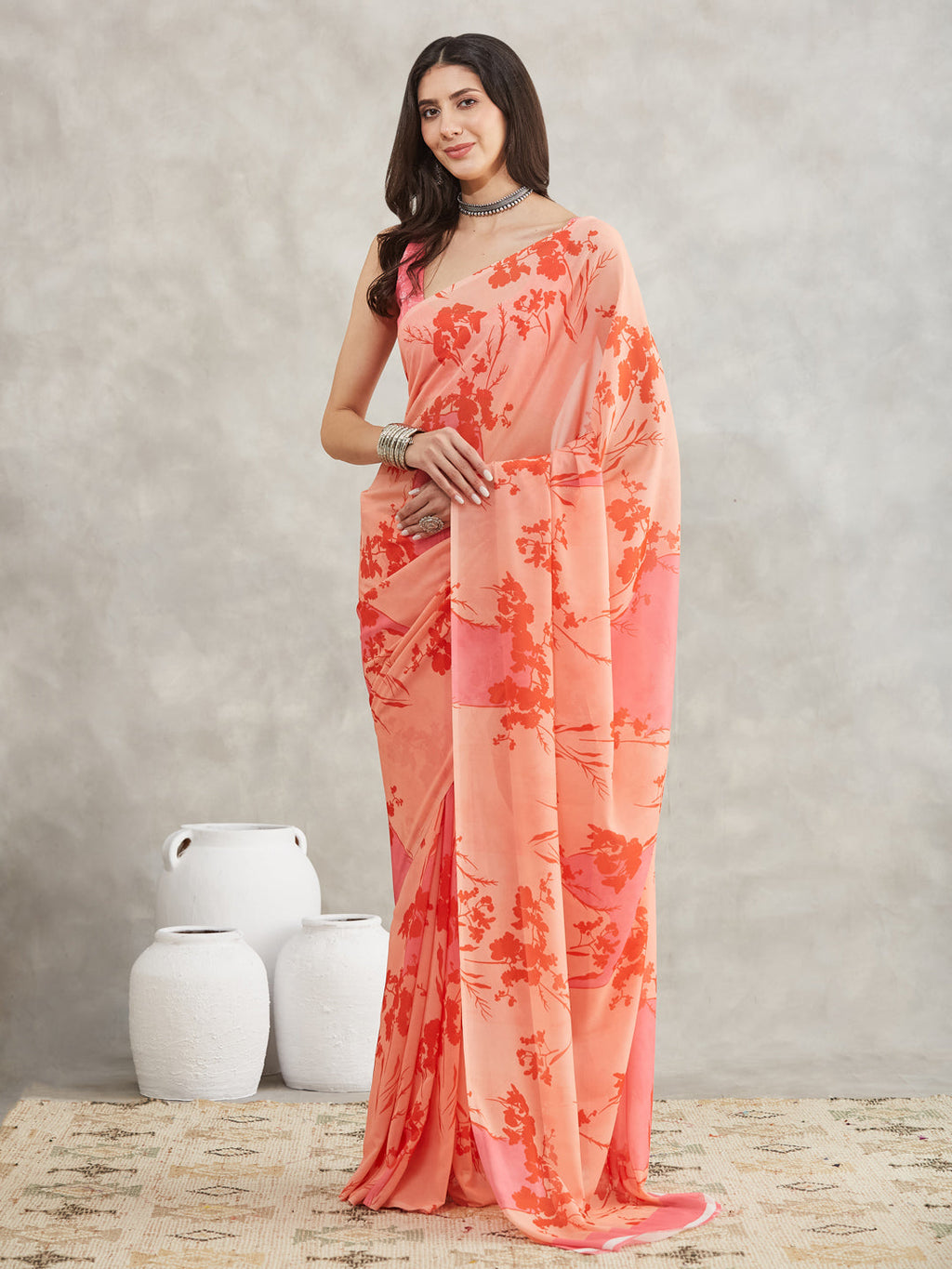 Janasya Women's Peach Georgette Floral Printed Printed Saree with Blouse Piece
