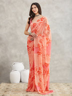 Janasya Women's Peach Georgette Floral Printed Printed Saree with Blouse Piece