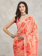 Janasya Women's Peach Georgette Floral Printed Printed Saree with Blouse Piece