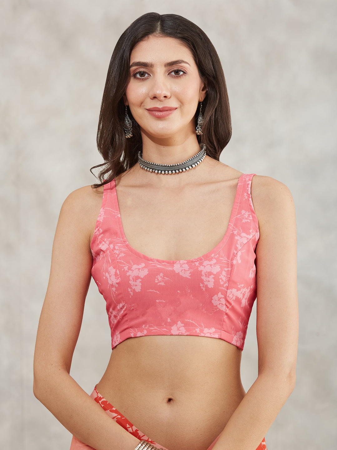 Janasya Women's Peach Georgette Floral Printed Printed Saree with Blouse Piece