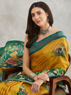 Janasya Women's Mustard Silk Blend Ethnic Motifs Printed Printed Saree with Blouse Piece