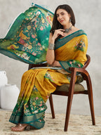 Janasya Women's Mustard Silk Blend Ethnic Motifs Printed Printed Saree with Blouse Piece