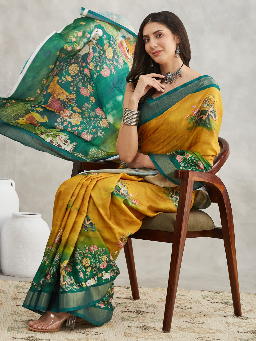 Janasya Women's Mustard Silk Blend Ethnic Motifs Printed Printed Saree with Blouse Piece